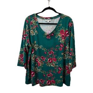 Pioneer Woman Green Floral 3/4 Sleeves Cottage Core Top Blouse Womens Size XL
